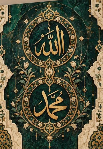 Allah and Muhammad ﷺ Calligraphy on Emerald Marble - Islamic Calligraphy wall art, custom canvas print and photo frame