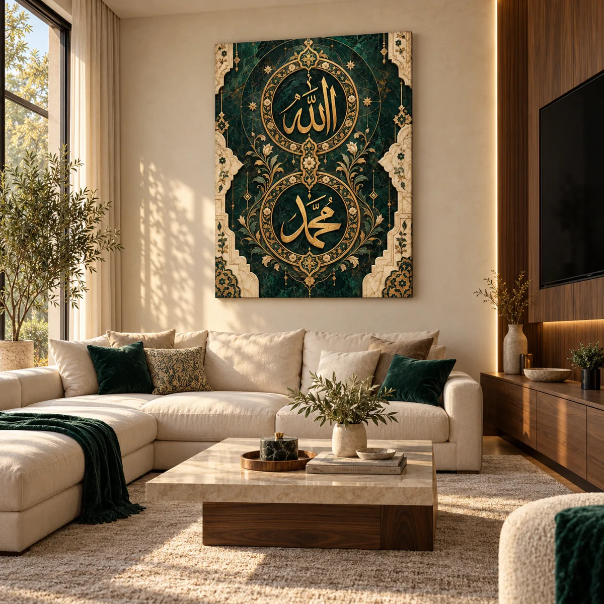 Allah and Muhammad calligraphy canvas above a cream sofa