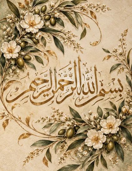 Bismillah with Olive Branches and White Blossoms - Islamic Calligraphy wall art, custom canvas print and photo frame