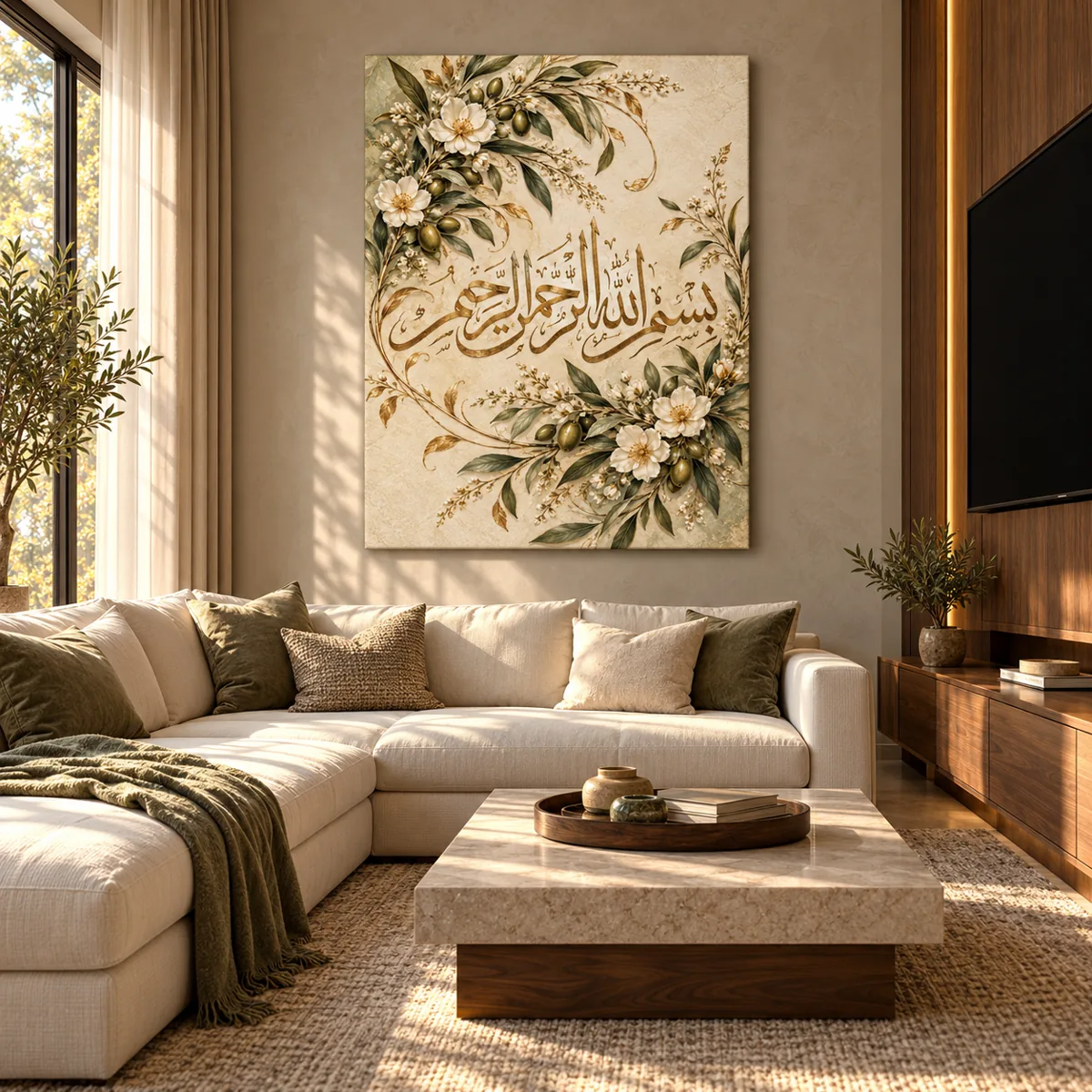 Bismillah calligraphy canvas above a cream sofa