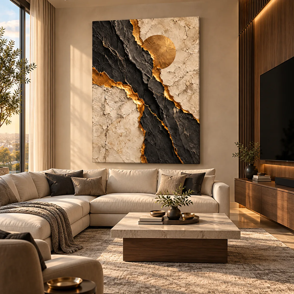 Black and gold stone canvas with gold moon above a cream sofa