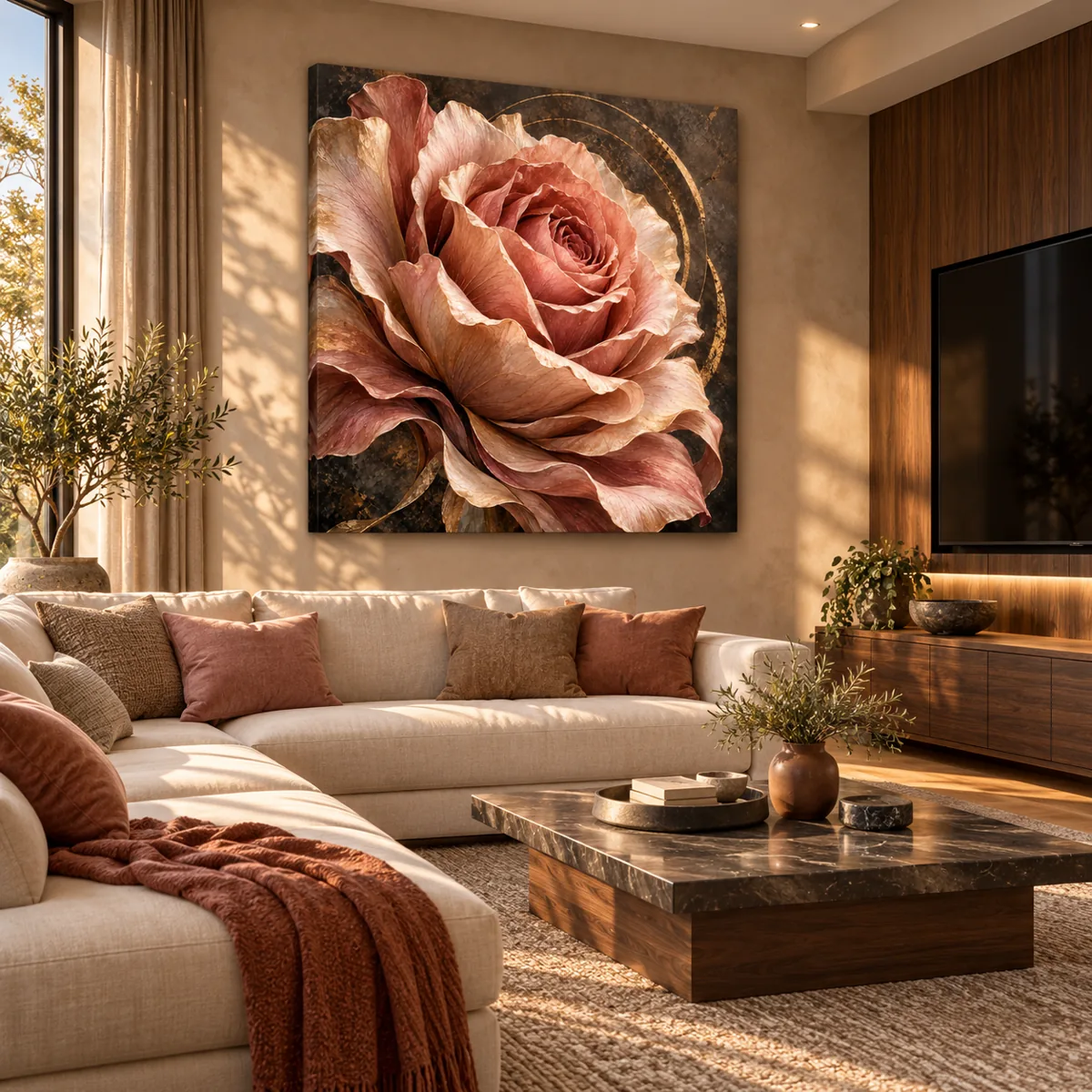 Blush rose canvas above a cream sofa in a warm living room