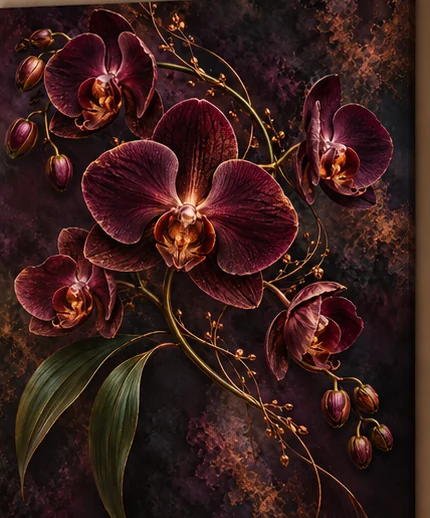 Burgundy Orchids with Copper Vines - Floral wall art, custom canvas print and photo frame
