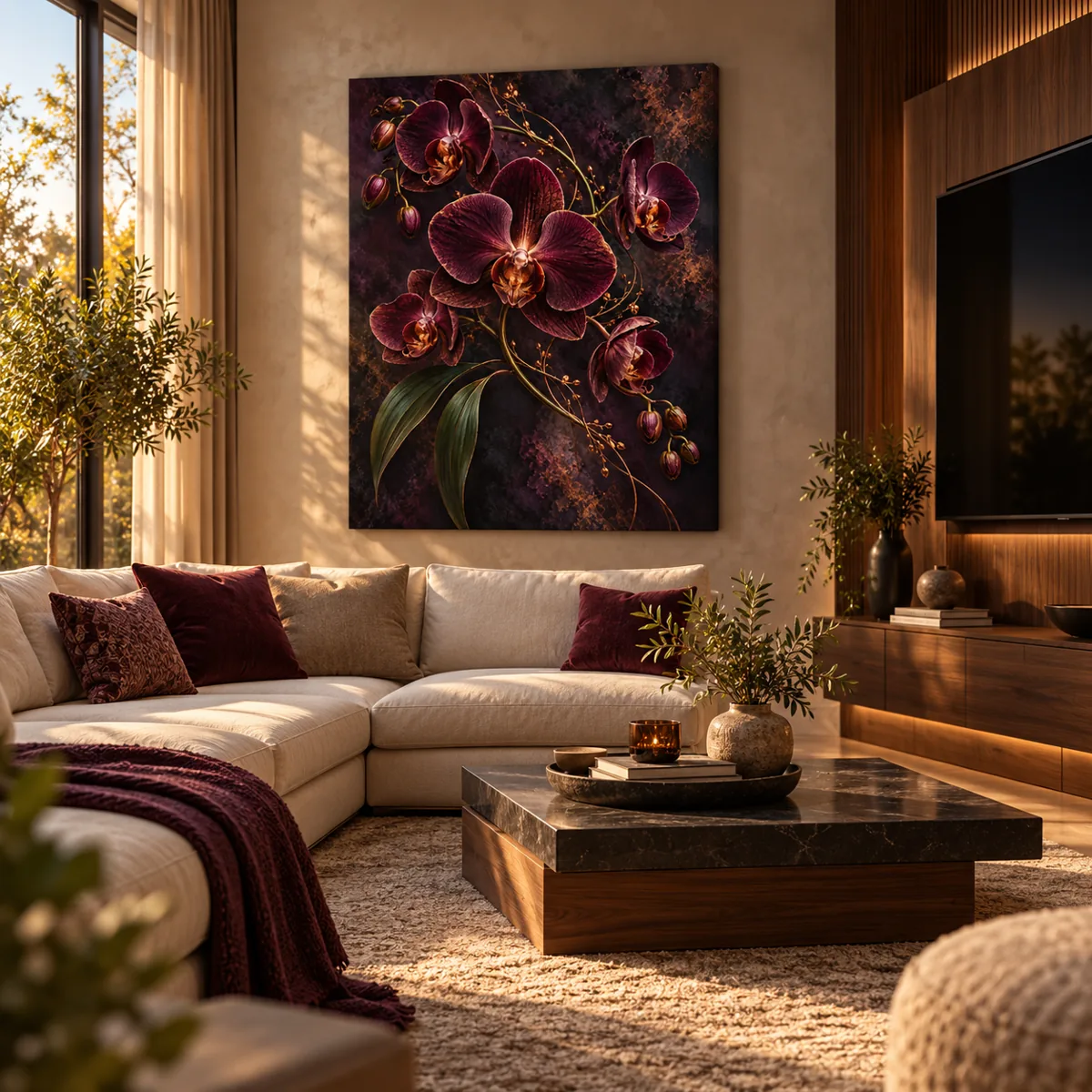 Burgundy orchids canvas above a cream sofa in a living room