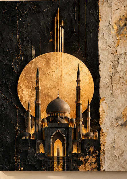 Mosque under the Golden Moon on Black Stone - Islamic Art wall art, custom canvas print and photo frame