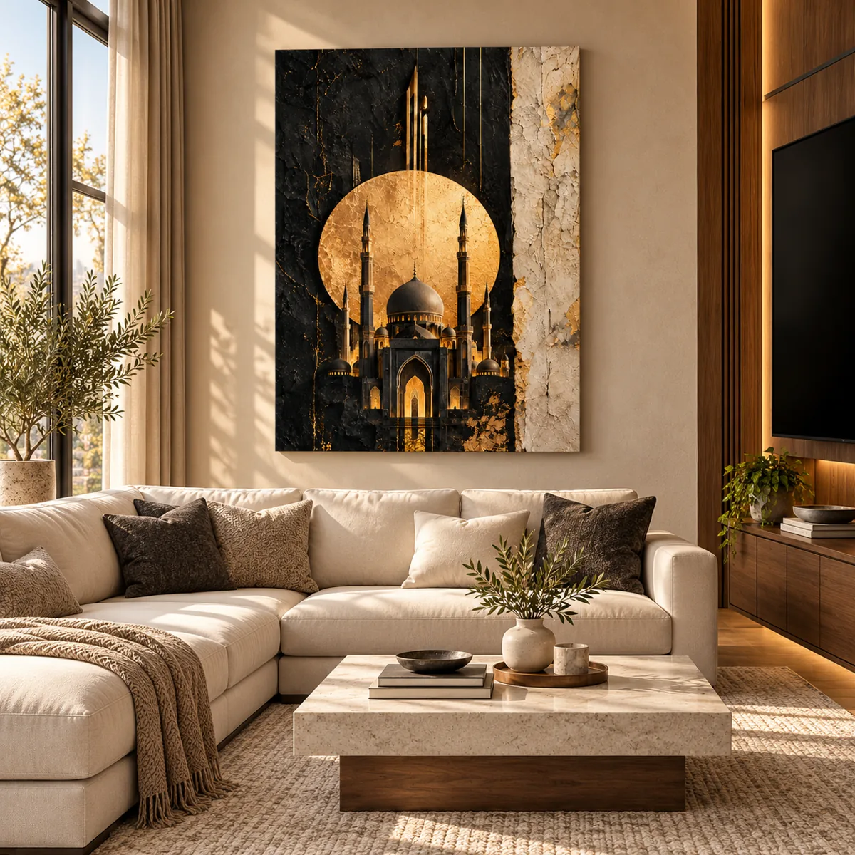 Golden moon mosque canvas above a cream sofa at golden hour