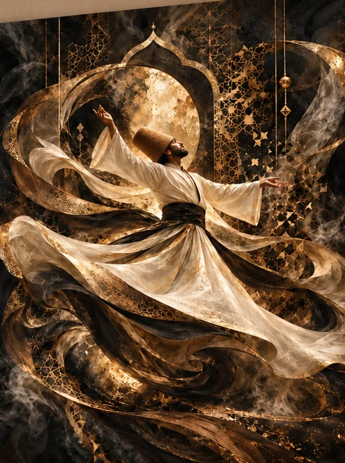 Golden Whirling Dervish on Black - Sufism wall art, custom canvas print and photo frame