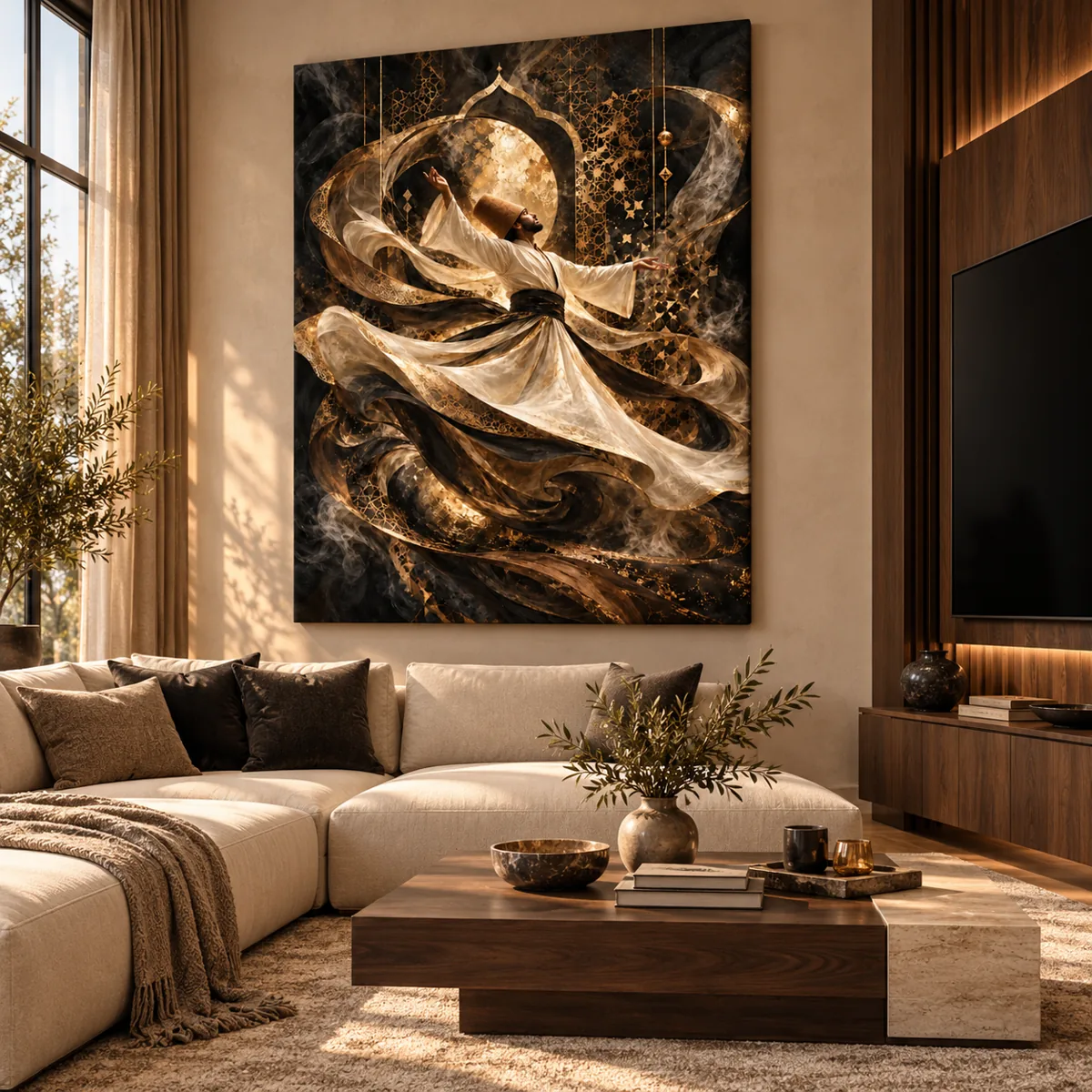 Golden whirling dervish canvas above a cream sofa