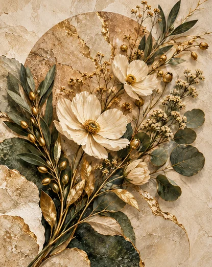 Ivory Blossoms with Sage and Gold Leaves - Floral wall art, custom canvas print and photo frame
