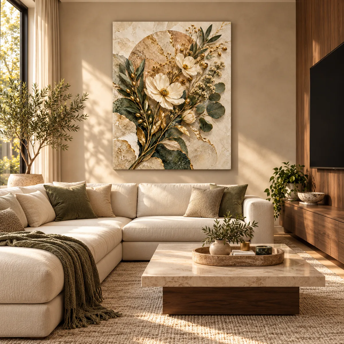 Ivory blossoms canvas above a cream sofa in a sunlit living room