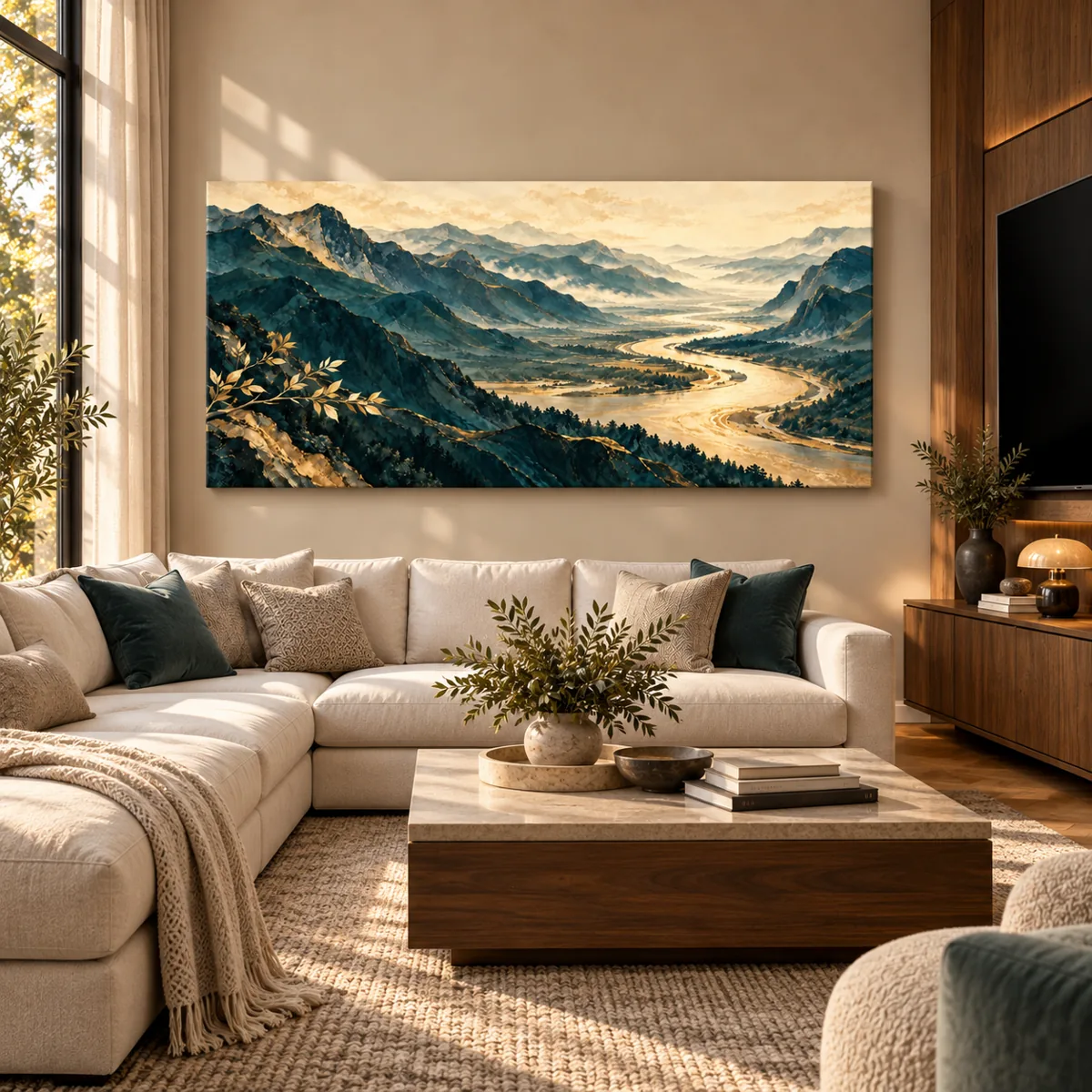 Misty river valley canvas above a cream sofa at golden hour