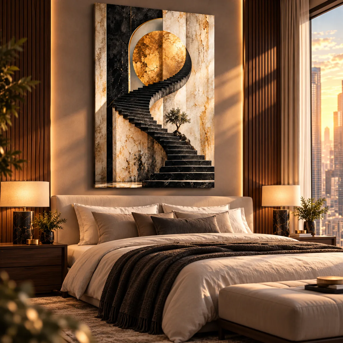 Stairway to the Golden Moon canvas above a cream sofa at golden hour