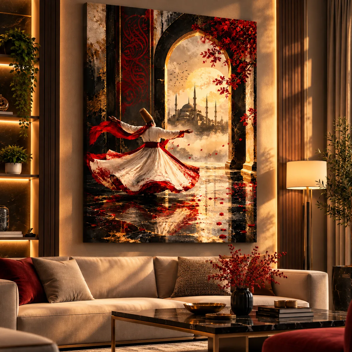 Sufi dancing in front of the mosque, canvas above a sofa at golden hour