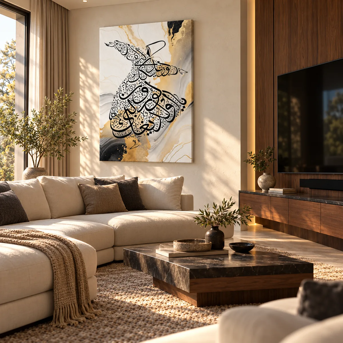 Sufi dervish in Arabic calligraphy canvas above a cream sofa in sunlight