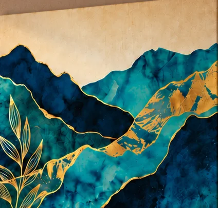 Teal Mountains with Golden Leaves - Nature wall art, custom canvas print and photo frame