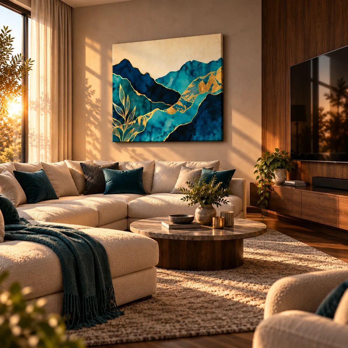 Teal mountains canvas above a cream sofa in a sunlit living room