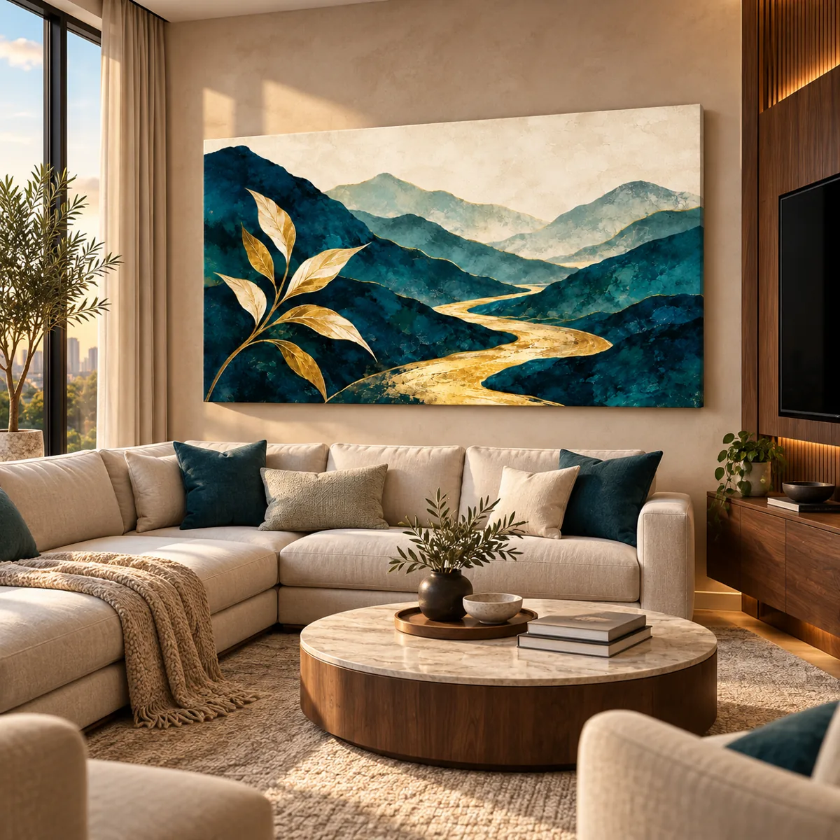 Teal valley canvas with golden river above a cream sofa