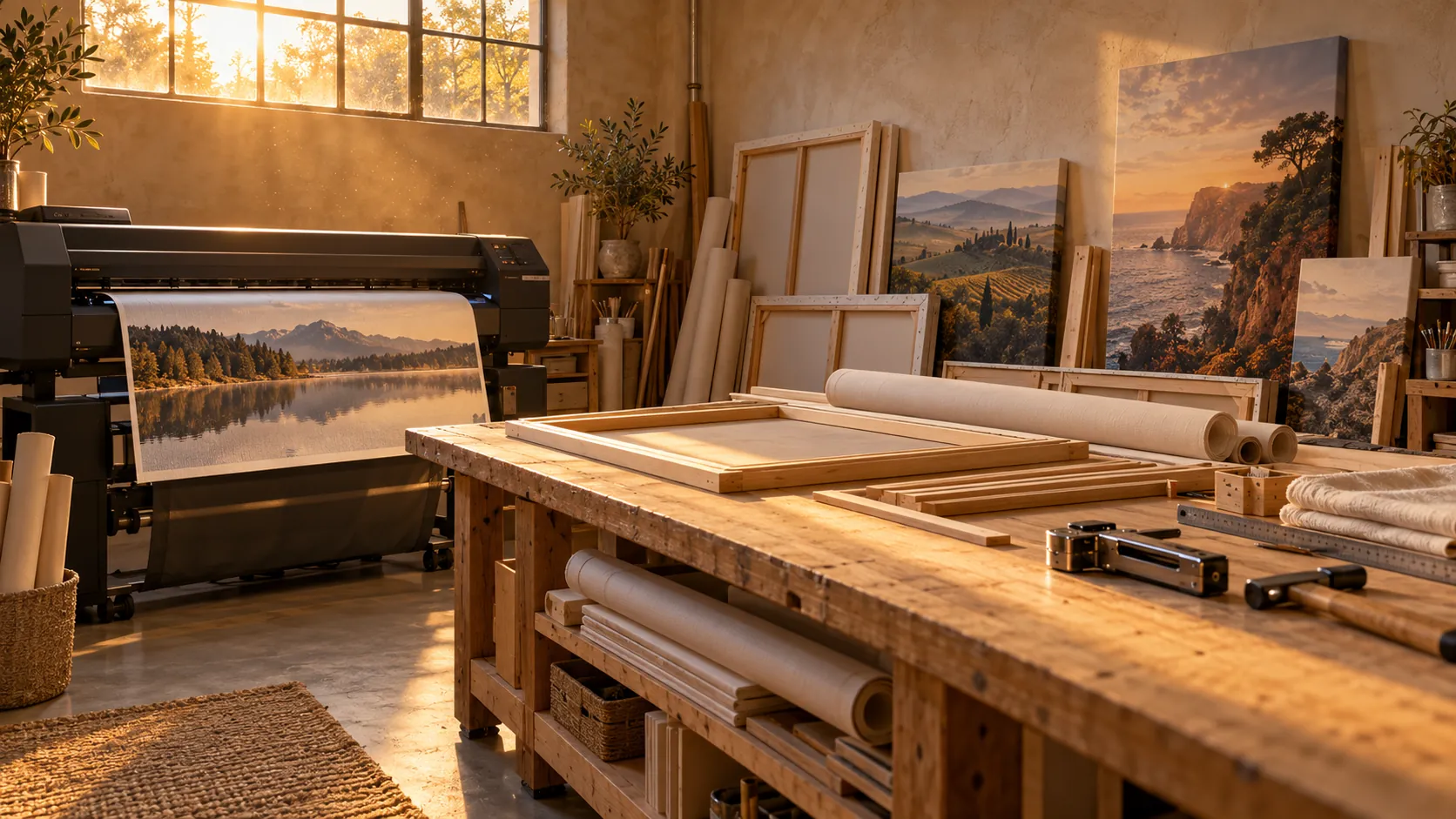 Our workshop: printer, canvas rolls and stretcher frames