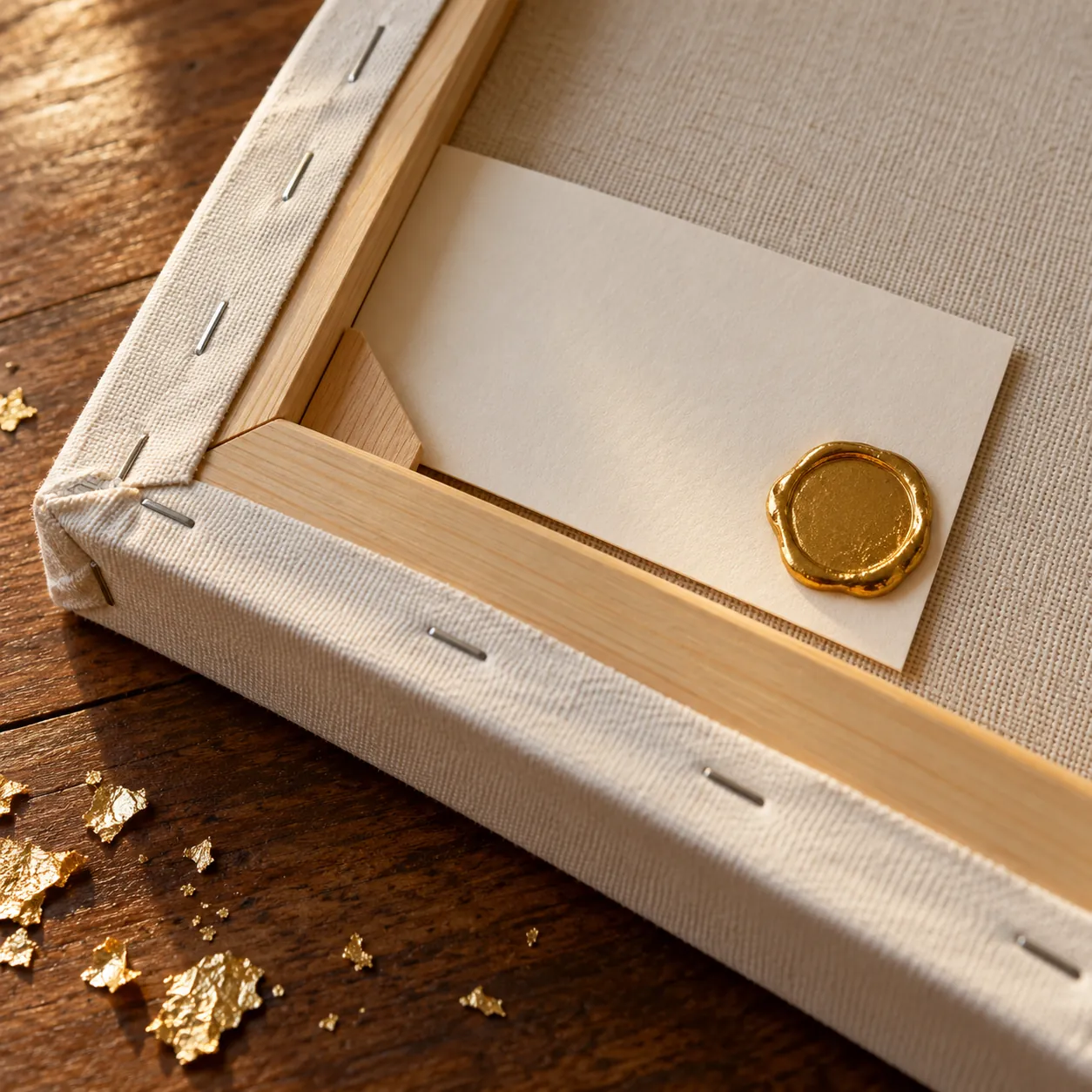 Certificate of ownership with a gold seal on the back of the canvas