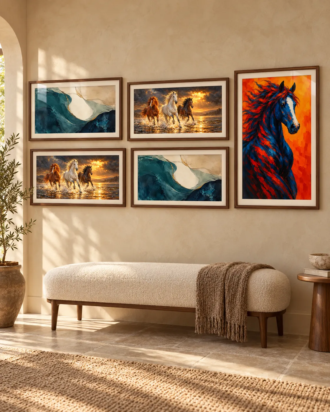 A gallery wall of framed prints above a bench