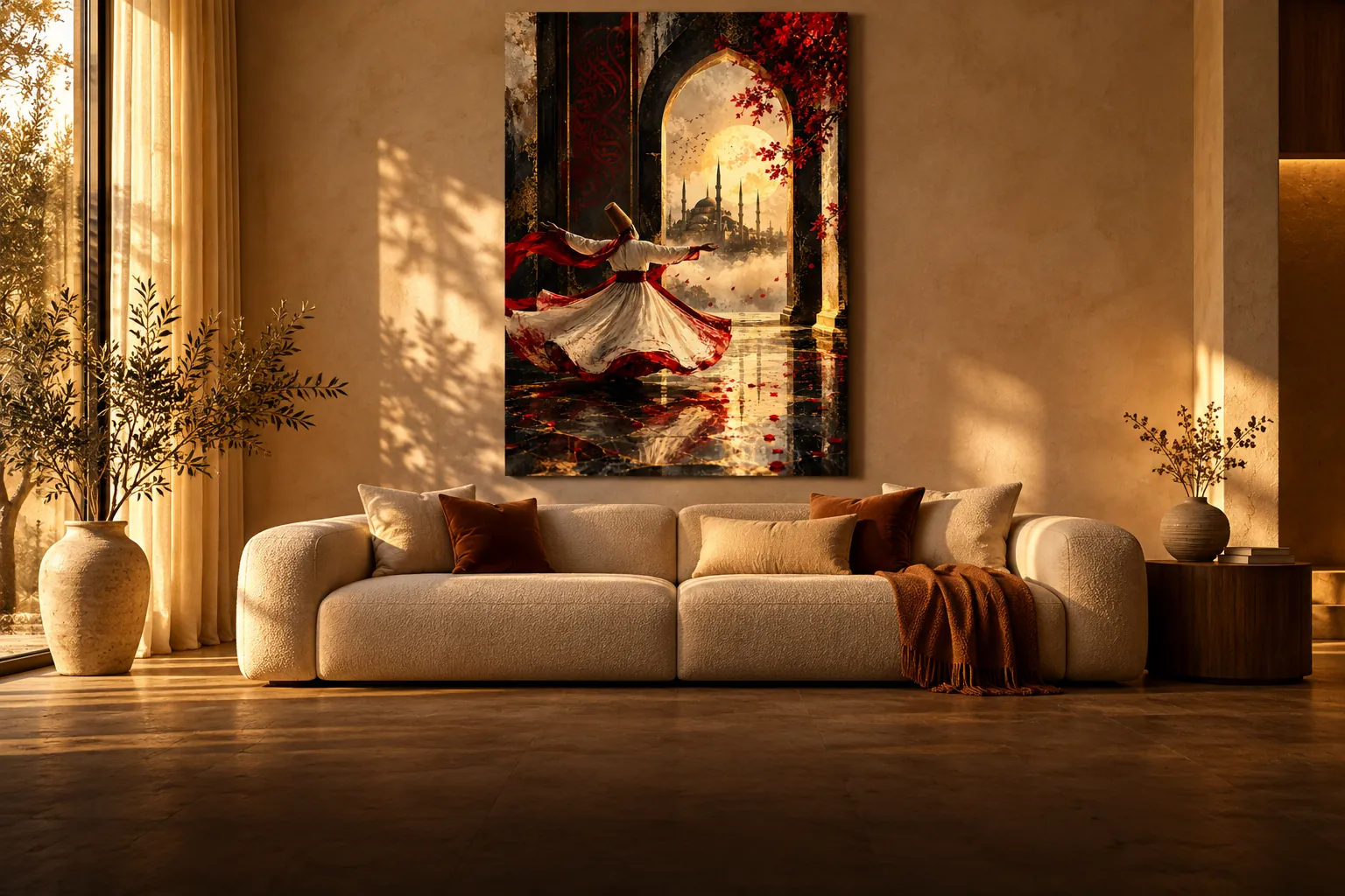 A living room with a large canvas artwork on the wall