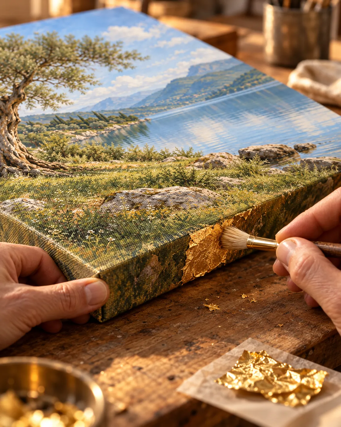 Hands finishing the edge of a canvas