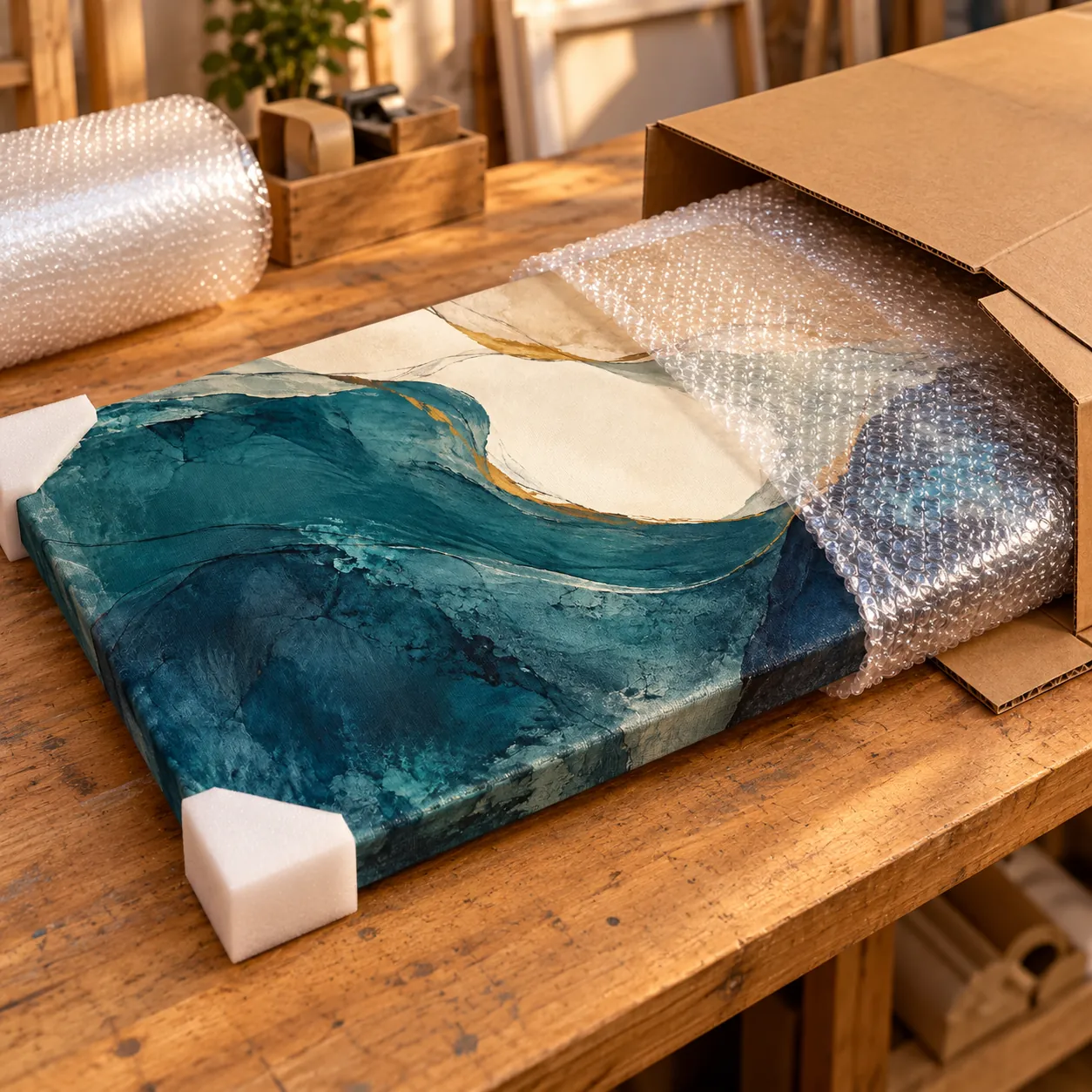 A canvas print packed with corner protectors
