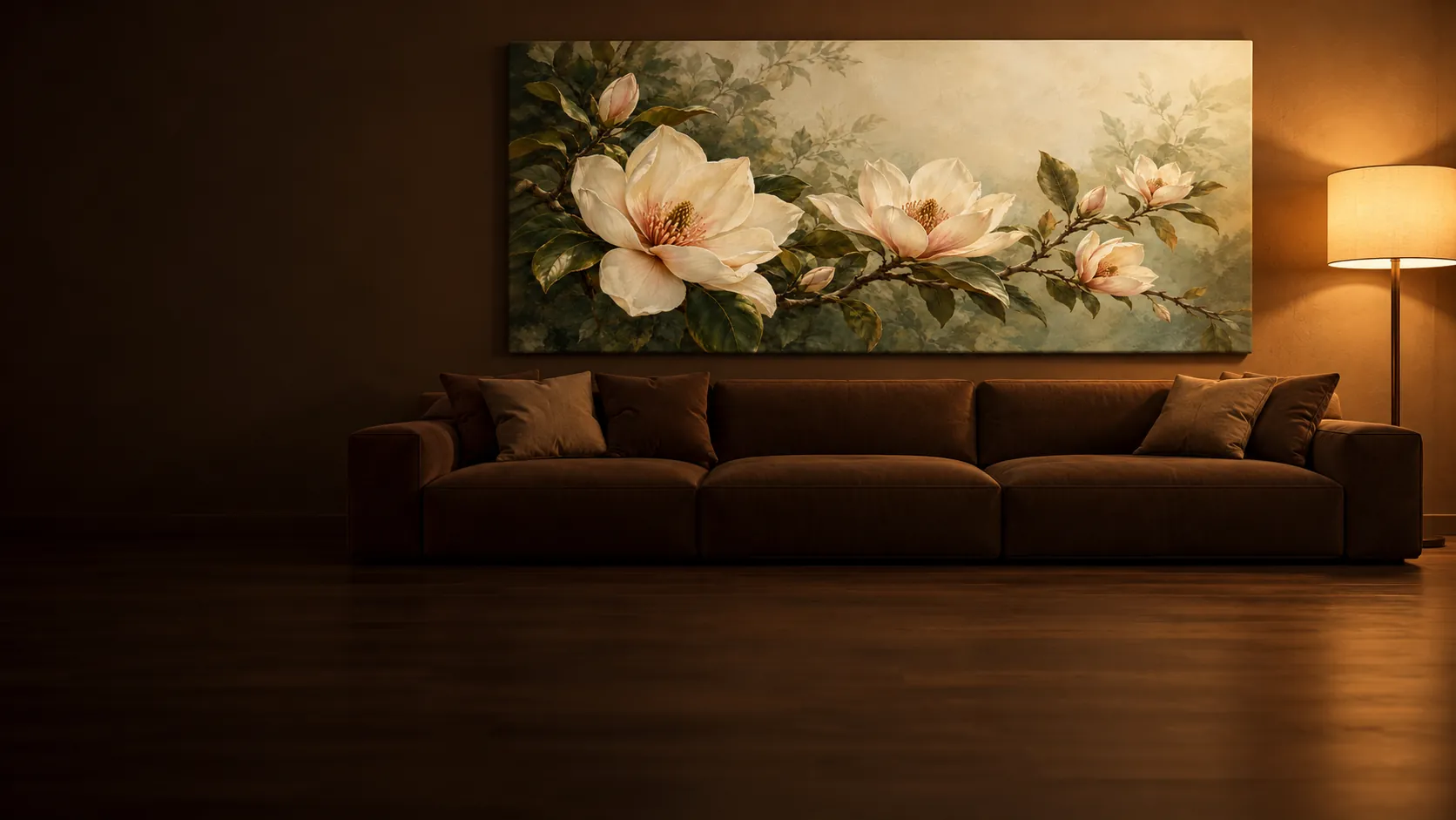 A dark, warm room with a large canvas above a low sofa