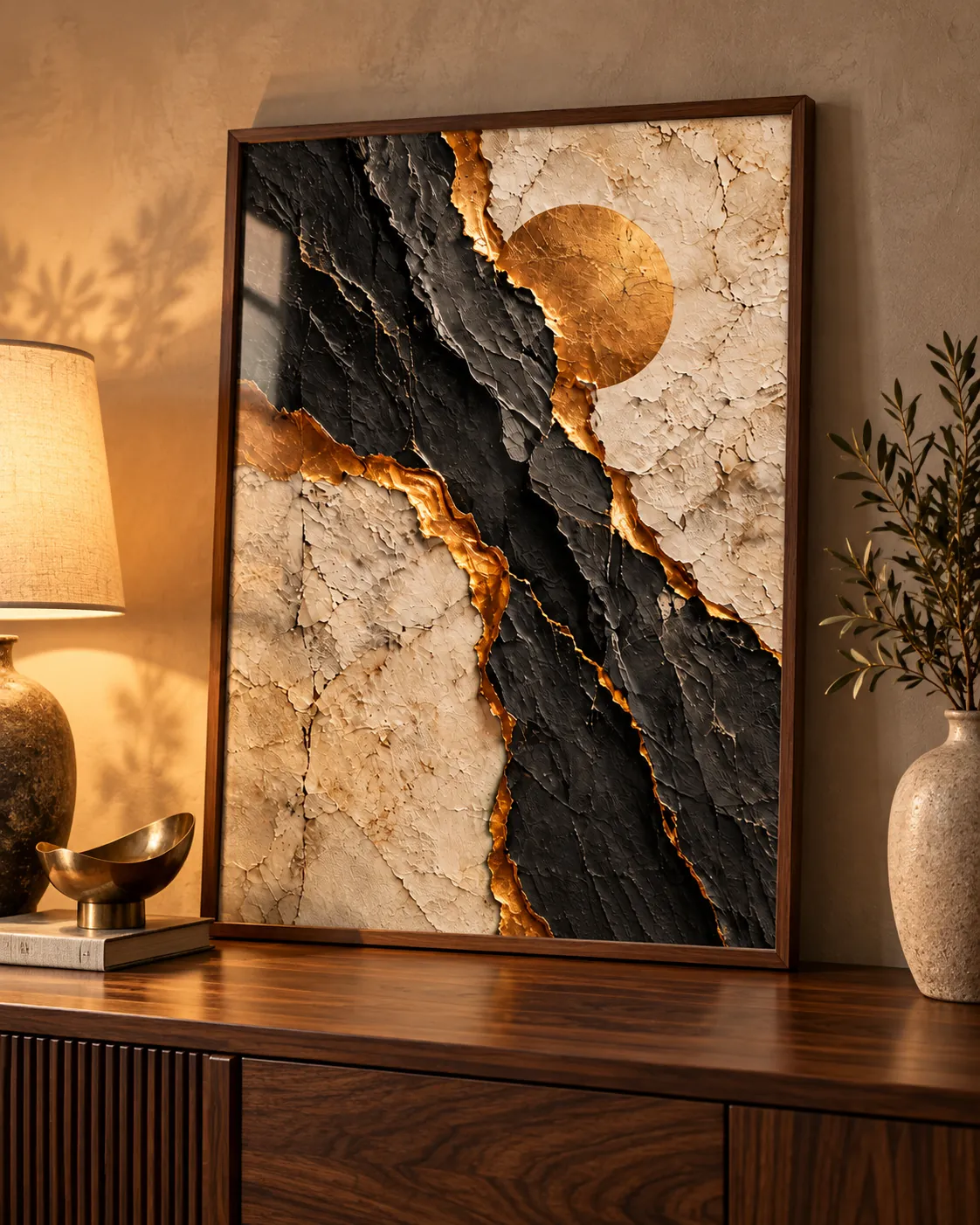 A framed artwork on a console table in warm light