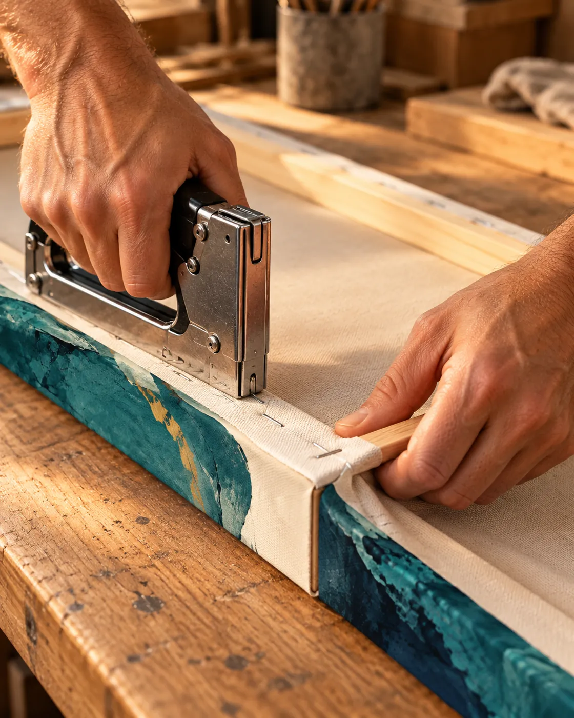 Stretching a printed canvas over a wooden frame by hand