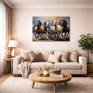 Wide horse wall art canvas featuring a dynamic group of running horses in natural tones, displayed above a beige sofa in a modern living room, ideal for luxury home décor and contemporary interiors.