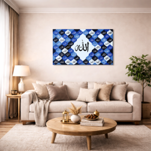 Islamic wall art canvas featuring Arabic calligraphy of Allah with the 99 Names of Allah in blue and white geometric patterns, displayed in a modern living room for premium Islamic home décor.