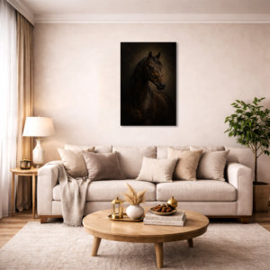Dark horse portrait wall art canvas featuring an elegant black horse against a dramatic background, displayed above a beige sofa in a modern living room, ideal for luxury home décor and premium wall art.