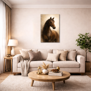 Luxury horse wall art canvas displayed in a modern living room, featuring an elegant brown horse portrait in warm neutral tones, perfect for premium home decor and contemporary interiors in Pakistan.
