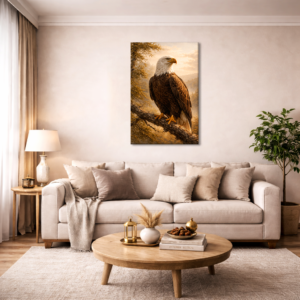 Eagle wall art canvas featuring a majestic bald eagle perched on a tree branch with a warm nature background, displayed above a beige sofa in a modern living room, ideal for luxury home décor and wall art.
