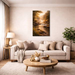 Vertical nature wall art canvas featuring a serene forest river with warm sunlight filtering through autumn trees, displayed above a beige sofa in a modern living room, ideal for luxury home décor and wall art.