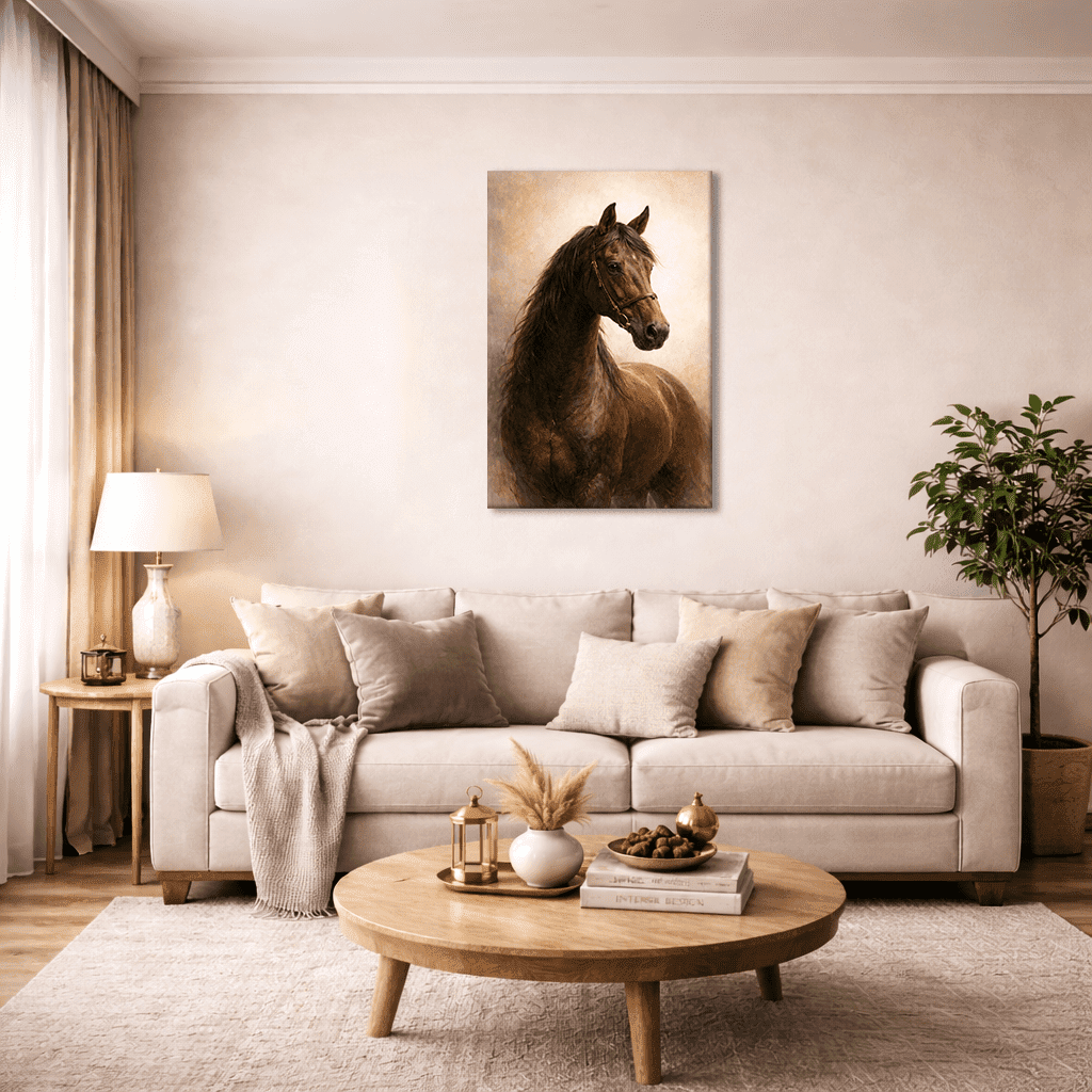 Royal Brown Horse wall art canvas displayed in a modern living room, featuring an elegant brown horse portrait in warm neutral tones, perfect for premium home decor and contemporary interiors in Pakistan.