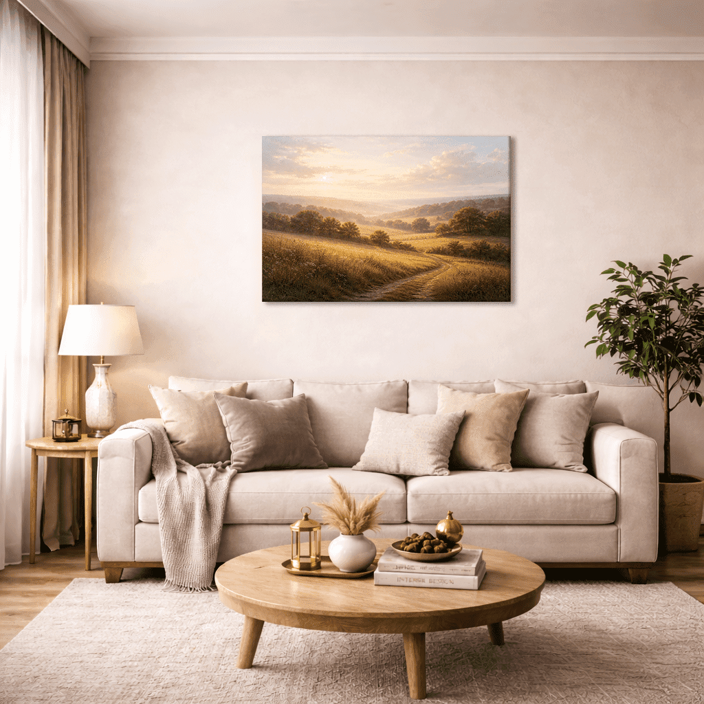 Golden Meadow Path canvas featuring a peaceful countryside path and rolling green fields under a soft sky, displayed above a modern beige sofa, ideal for luxury home décor and living room wall art.