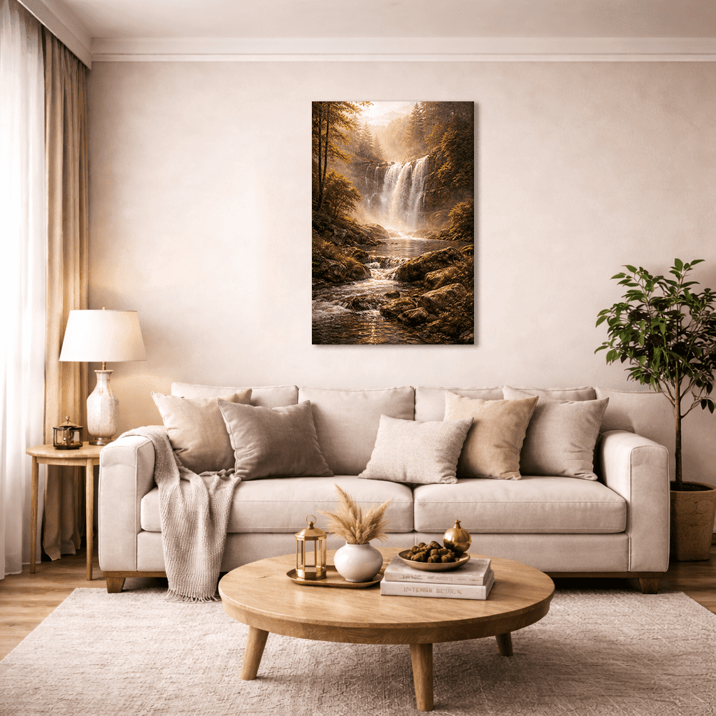 Luxury waterfall wall art canvas for living room décor, featuring a peaceful forest waterfall scene, ideal for premium home interiors in Pakistan.