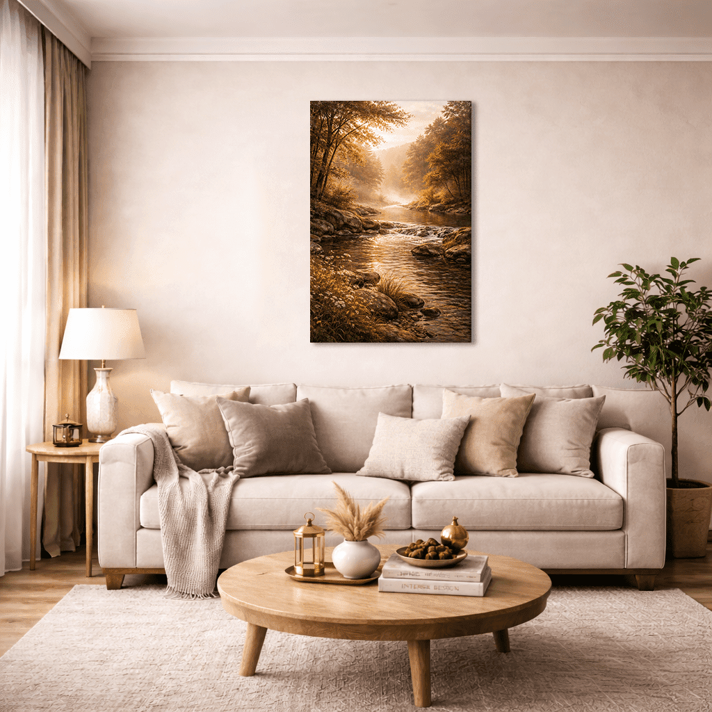 Golden Cascade Premium canvas featuring a serene forest river with warm sunlight filtering through autumn trees, displayed above a beige sofa in a modern living room, ideal for luxury home décor and wall art.