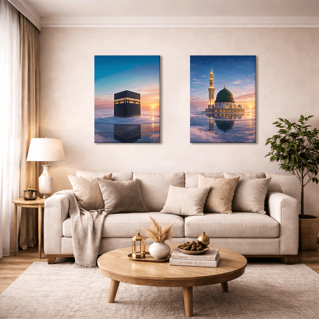 Kaaba & Masjid-e-Nabawi comparison of gallery wrap vs. bordered canvas edge styles showing how art flows around the wooden frame.